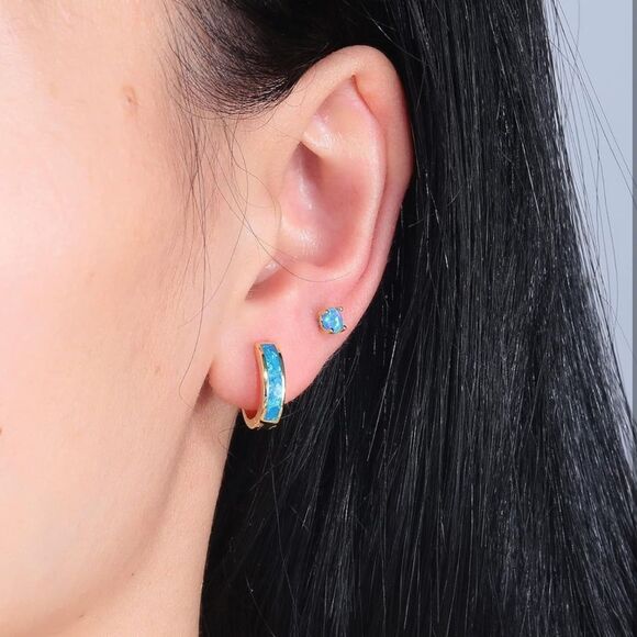 14K Yellow Gold with Genuine Blue Fire Opal Huggie and Stud Earrings Set of 2 - Picture 5 of 5